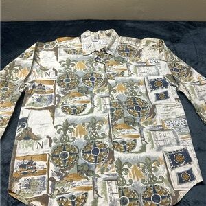 Patterned Button Down Shirt in Green and Brown women’s size M